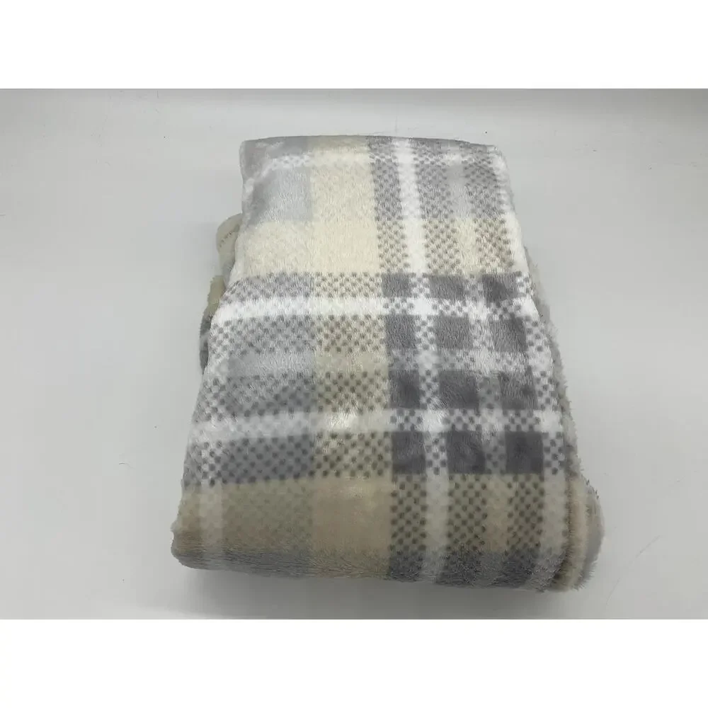 Greenbrier Printed Plush Throw Blanket 50x60 Gray Beige Plaid Soft Polyester Bed